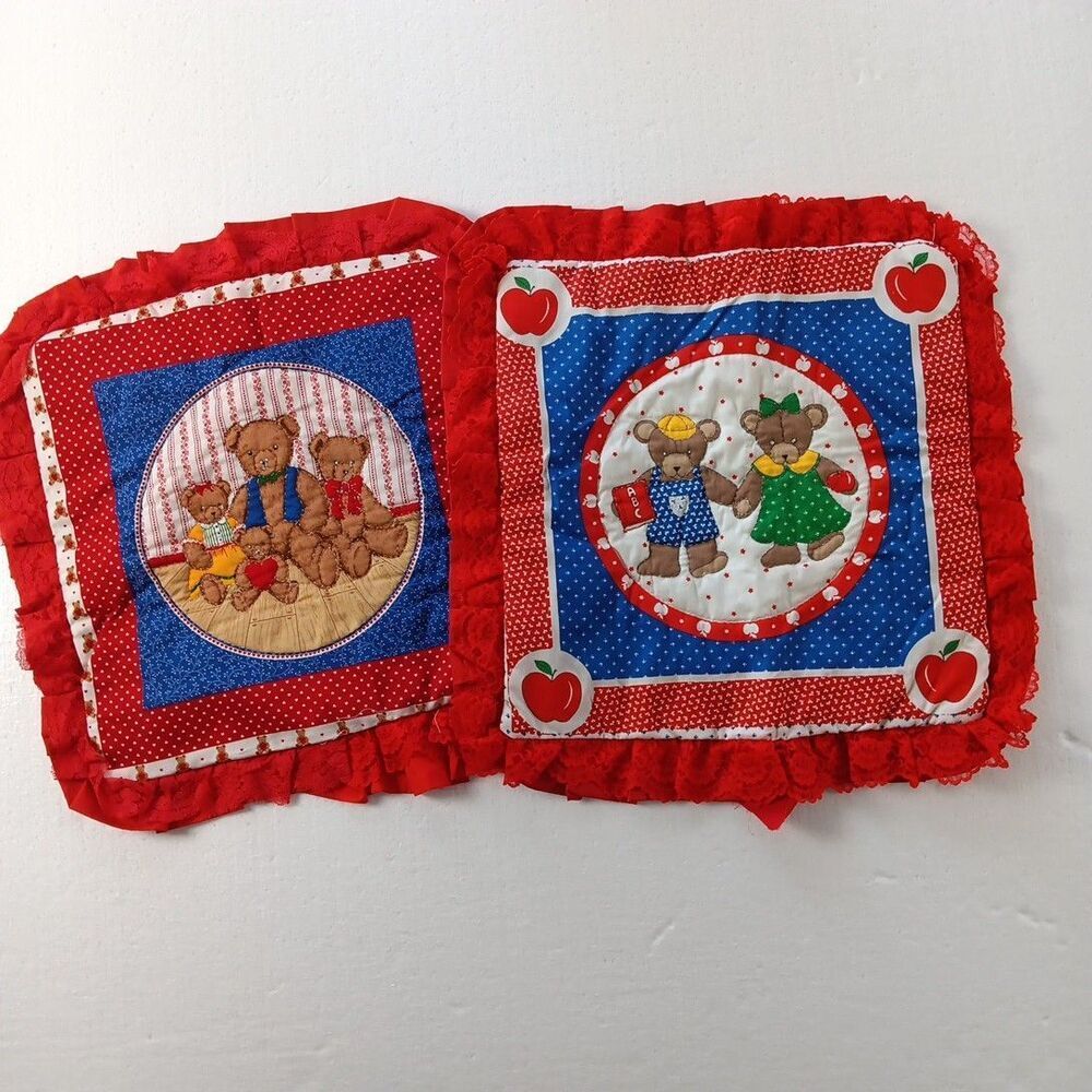 Teddy Bears Quilted Panels Pillow Americana Vintage Fabric Project
